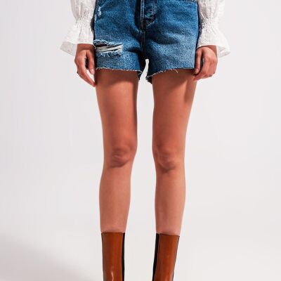 Short taille haute en denim déchiré à délavage moyen