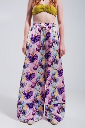Pantalon large taille haute en satin à fleurs violettes 2