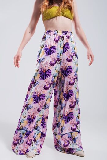 Pantalon large taille haute en satin à fleurs violettes 6