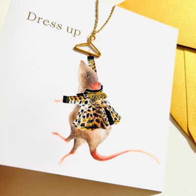 Gold clothes hanger necklace with greeting card 0158