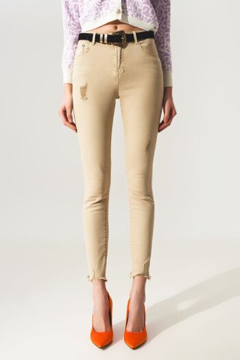 Jean skinny taille haute beige 1
