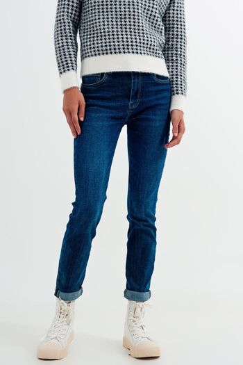 Jean skinny taille haute de couleur bleu moyen délavé 1