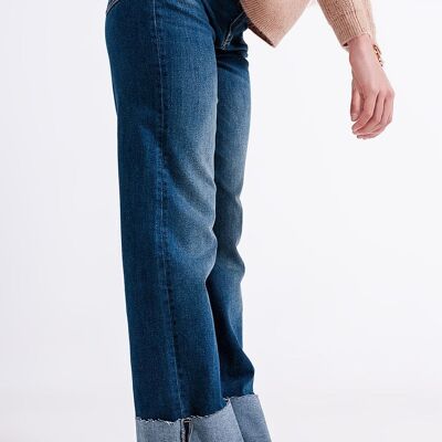 High waisted straight jean with roll hem in blue