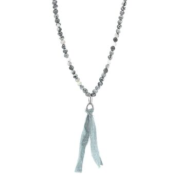 Collier SKINNY en jaspe gris Luke en argent, pierre et voile de coton x bracelet enroulé 1