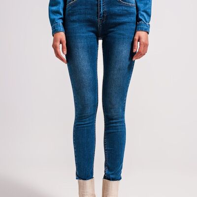 Jean skinny stretch taille haute bleu délavé moyen