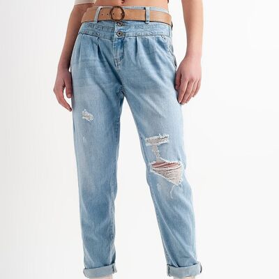 Jean with double waistband in blue with rips