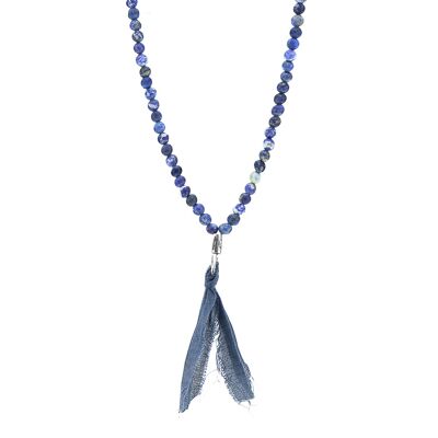 Blue Sodalite Luke Silver, Stone and Cotton Voile SKINNY Necklace x Wrap Bracelet