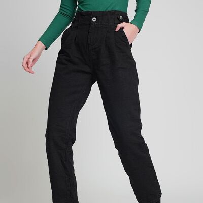 Jeans with paper bag waist and button details in black