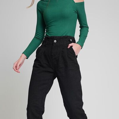 Jeans with paper bag waist and button details in black