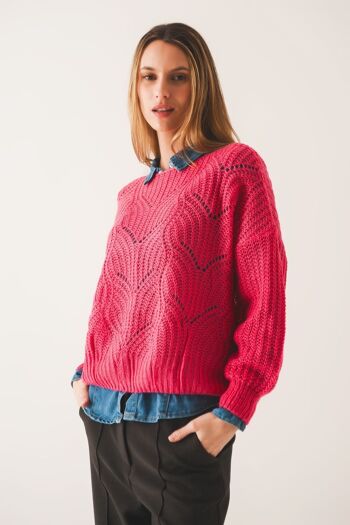 Pull en maille ajourée fuchsia 1