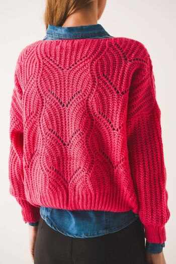 Pull en maille ajourée fuchsia 2