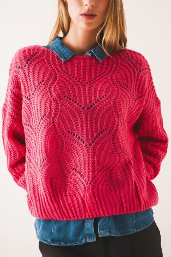 Pull en maille ajourée fuchsia 4