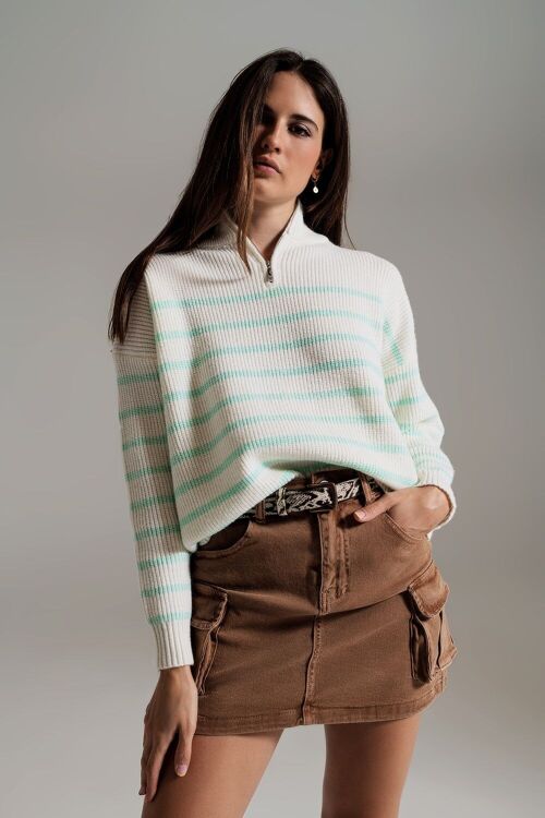 Jumper with zip neck in light green stripe