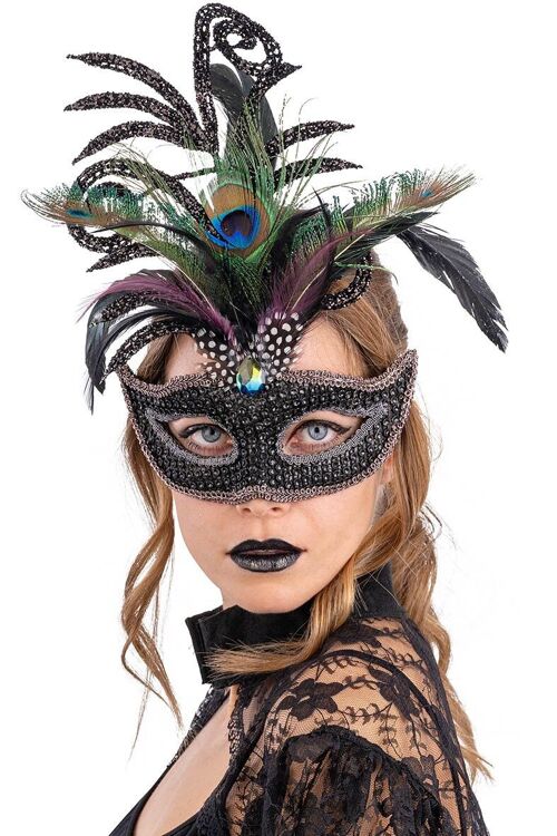 Maschera con strass nera,dec glitter e piume di pavone  in scatola pvc