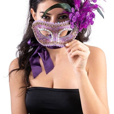 Maschera tessuto damascato viola con dec glitter e piume in scatola pvc