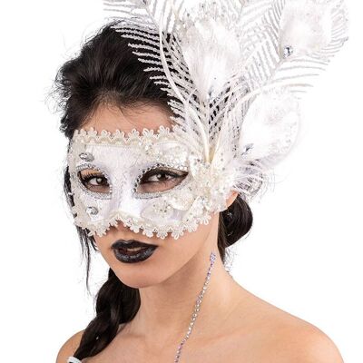 Maschera in tes damascato bianco con dec floreali glitter e piume in scatola pvc