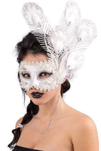 Masque à thé damassé blanc avec décor floral pailleté et plumes dans une boîte en PVC