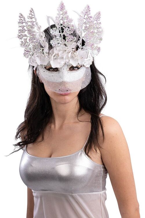 Maschera con veletta bianca, fiori e decor  glitter,piume in scatola pvc