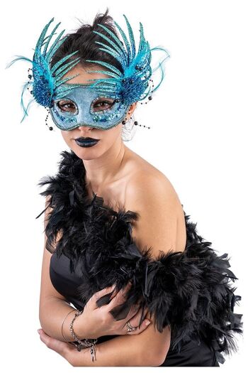 Masque en velours turquoise avec décorations latérales paillettes et plumes dans boîte PVC