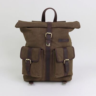 Olivgrüner Rolltop-Rucksack aus gewachstem Canvas