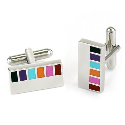 Multi Coloured Silver Finish Rectangular Cufflinks