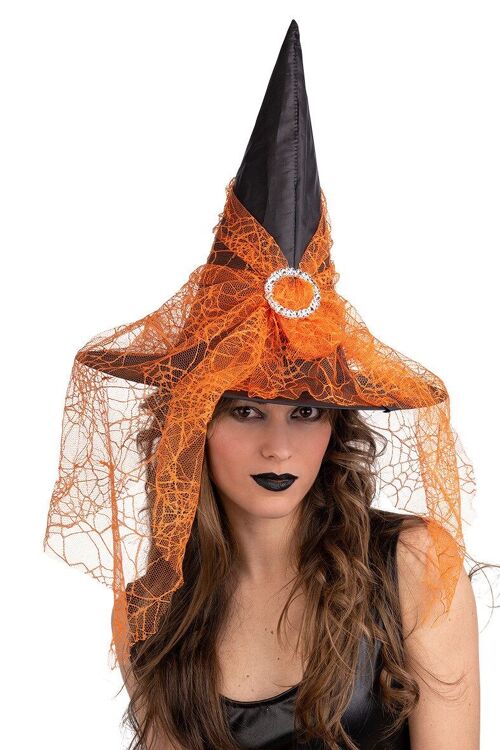 Cappello strega nero in tess plast con voile arancione h.cm.35 ca. con cartellino/etichetta