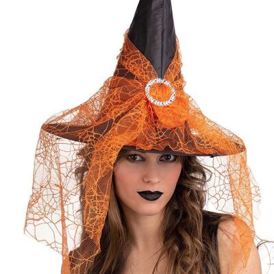 Cappello strega nero in tess plast con voile arancione h.cm.35 ca. con cartellino/etichetta
