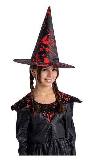 Chapeau de sorcière noir en tissu plastifié sanglant h.cm.  34 env.  avec câble