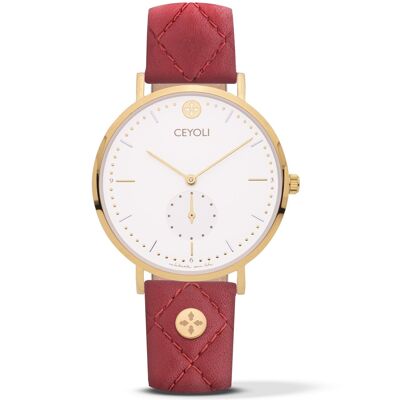 CEYOLI Celebrate Line Watch White Quilted Leather Ruby Red