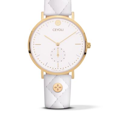 CEYOLI Celebrate Line Watch White Quilted Leather Shell White