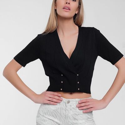 knit button through cardi top in black