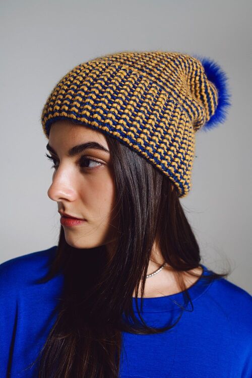 Knitted Beanie With Pom Pom in Blue and Yellow