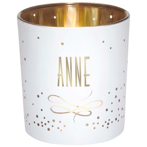 Photophore prénom Anne en verre blanc et or