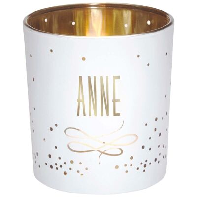 Tealight holder first name Anne in white and gold glass