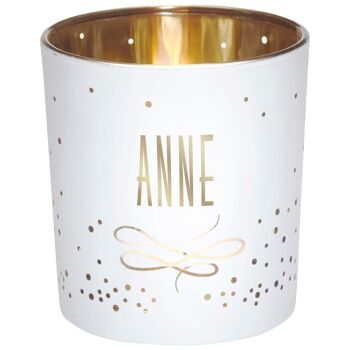 Photophore prénom Anne en verre blanc et or 1