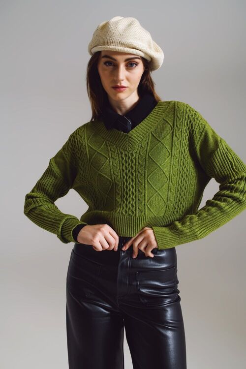 knitted cable Sweater in green with V-neck