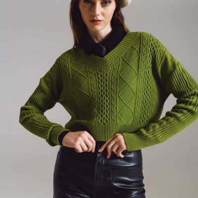 knitted cable Sweater in green with V-neck