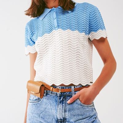 Knitted colour block cropped polo in blue