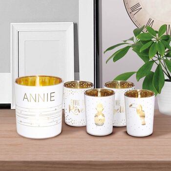 Photophore prénom Annie en verre blanc et or 7