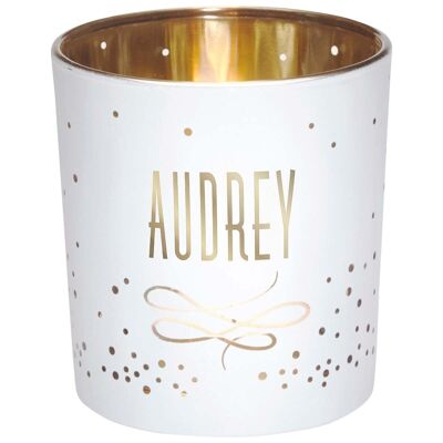Portavelas con el nombre de Audrey en cristal blanco y dorado