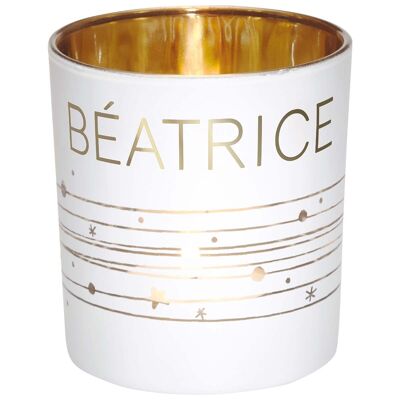 Tealight holder first name Béatrice in white and gold glass