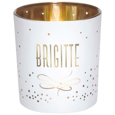 Portacandela con nome Brigitte in vetro bianco e oro