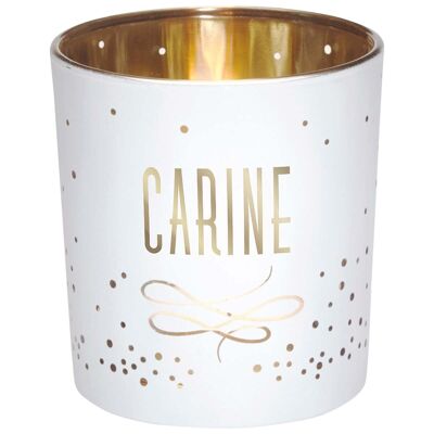 Carine first name tealight holder in white and gold glass