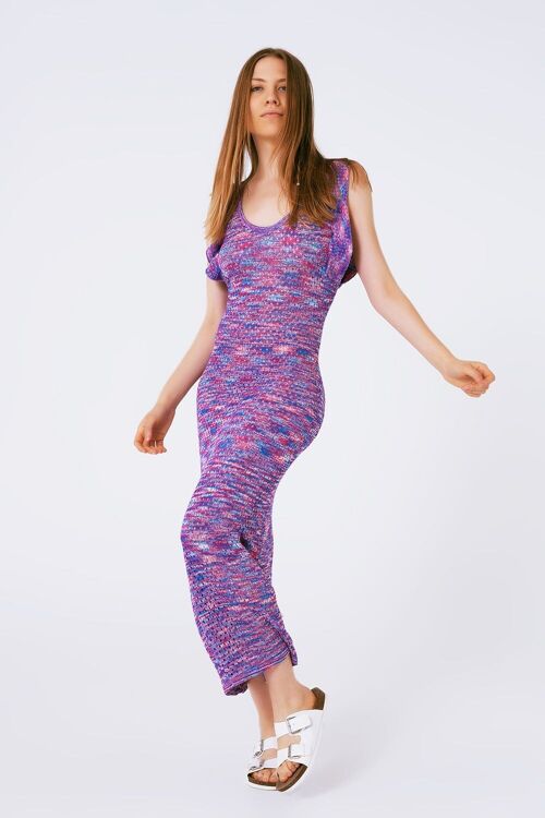 Knitted Long Dress With Chest Ruffle in Melange Purple