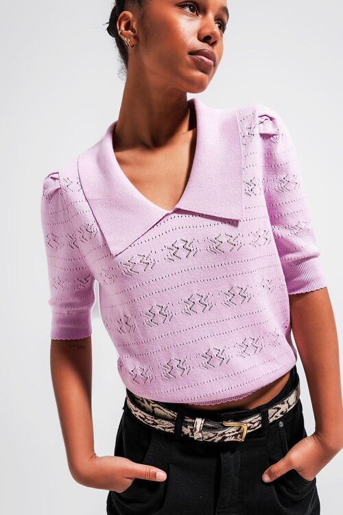 Knitted pointelle polo neck jumper in pink