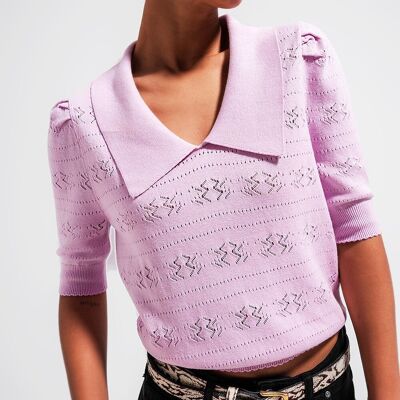 Knitted pointelle polo neck jumper in pink