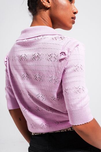 Pull col roulé en maille pointelle rose 2