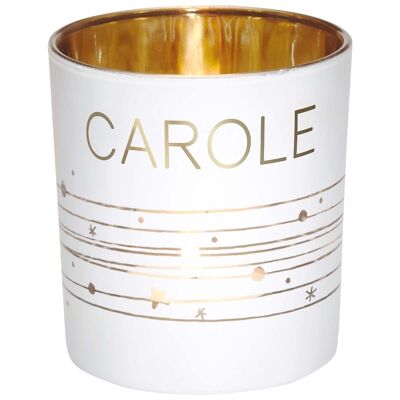 Portavelas con el nombre Carole de cristal blanco y dorado