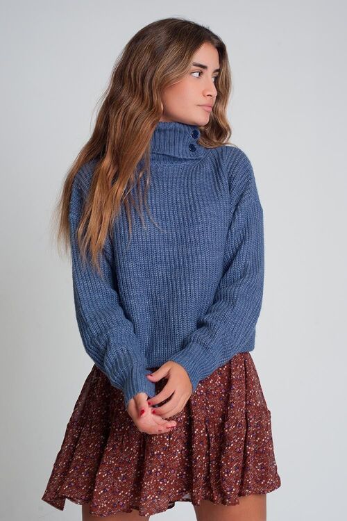 Knitted sweater with buttons and high collar in blue