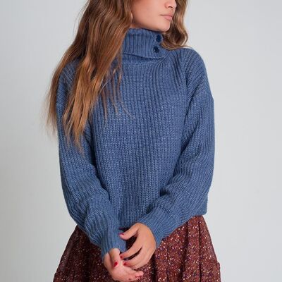Knitted sweater with buttons and high collar in blue